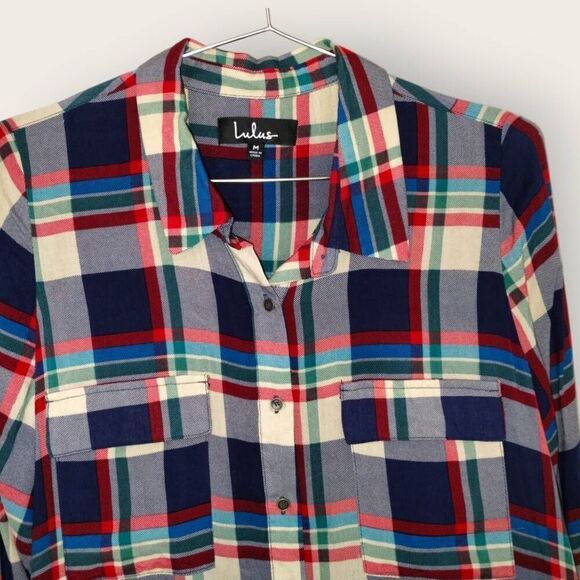 LULUS Womens Tunic Sz Medium Red‎ Blue Plaid Long Sleeve Flared Shirt Dress Prep - Picture 4 of 13